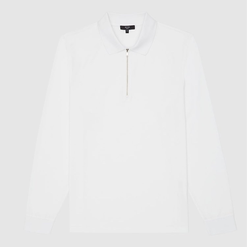 REISS LONG SLEEVE ZIP UP POLO GOLF SHIRT WHITE 100% SOFT COTTON NEW WITH TAGS